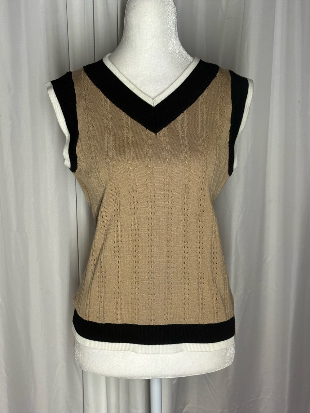 On 12th Knit Vest in Camel with Black & White Trim Size M